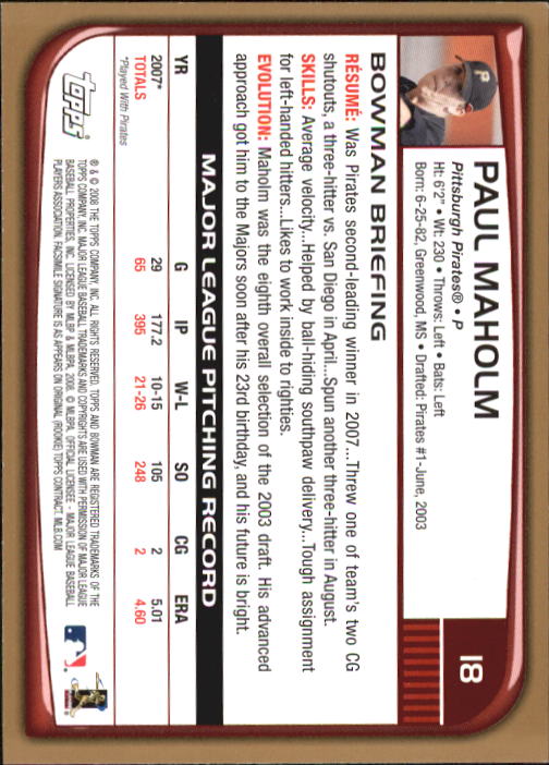 2008 Bowman Gold #18 Paul Maholm back image