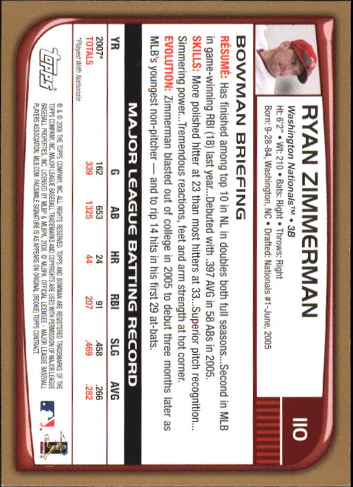 2008 Bowman Gold #110 Ryan Zimmerman back image