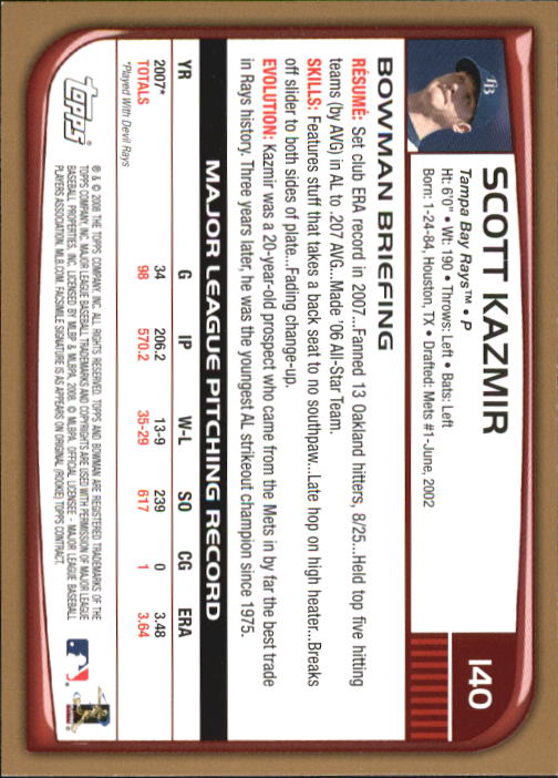 2008 Bowman Gold #140 Scott Kazmir back image