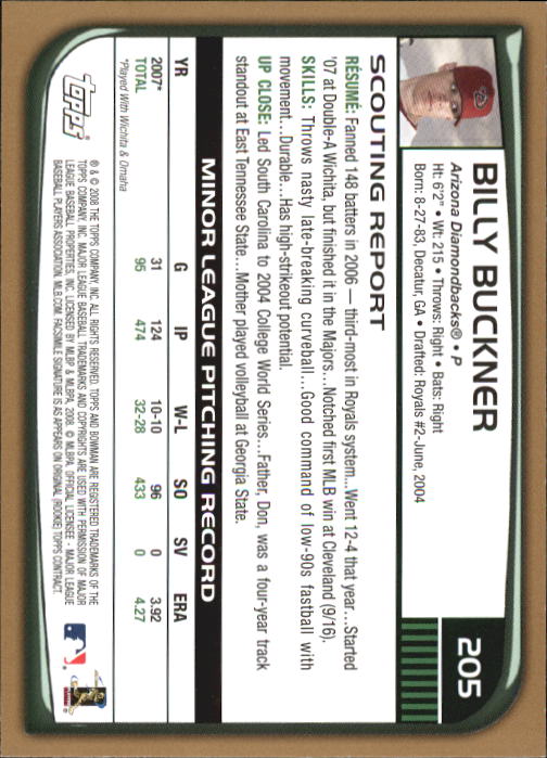 2008 Bowman Gold #205 Billy Buckner back image
