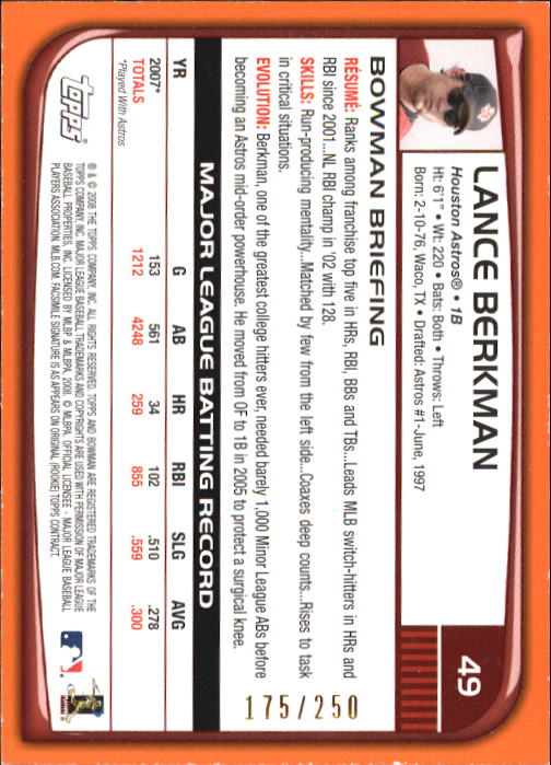 2008 Bowman Orange #49 Lance Berkman back image