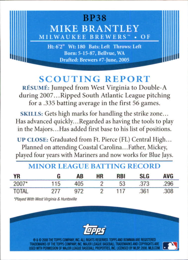 2008 Bowman Prospects #BP38 Mike Brantley back image