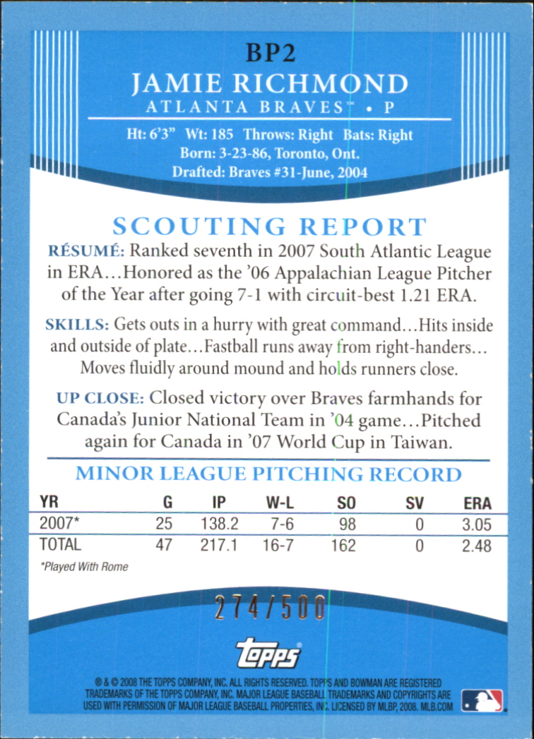 2008 Bowman Baseball "Prospects Blue" Parallel Insert Cards - Picture 3 of 31
