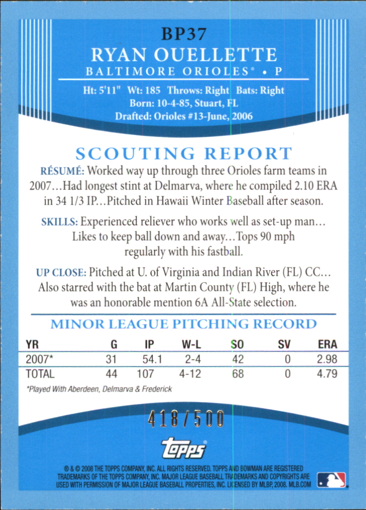 2008 Bowman Baseball "Prospects Blue" Parallel Insert Cards - Picture 11 of 31