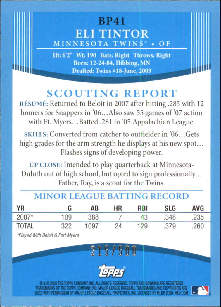2008 Bowman Baseball "Prospects Blue" Parallel Insert Cards - Picture 13 of 31