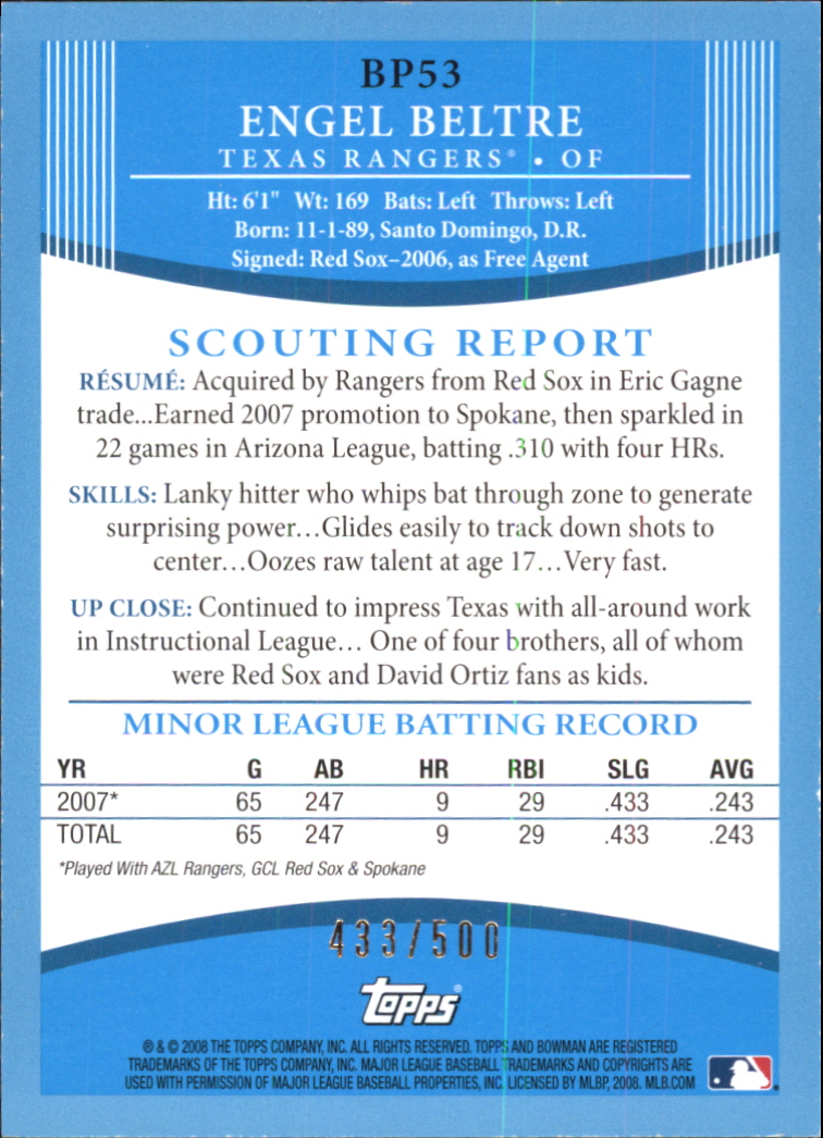 2008 Bowman Baseball "Prospects Blue" Parallel Insert Cards - Picture 17 of 31