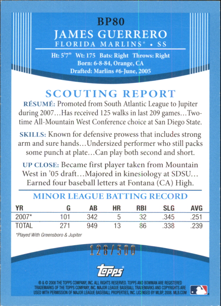 2008 Bowman Baseball "Prospects Blue" Parallel Insert Cards - Picture 23 of 31