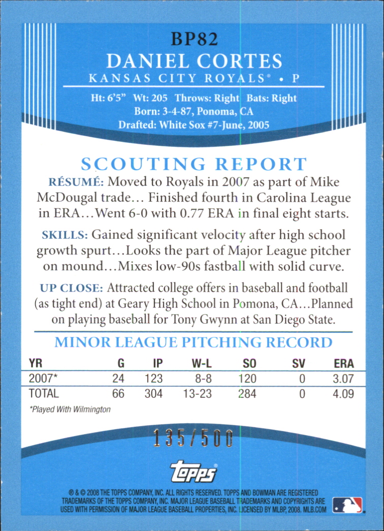 2008 Bowman Baseball "Prospects Blue" Parallel Insert Cards - Picture 25 of 31