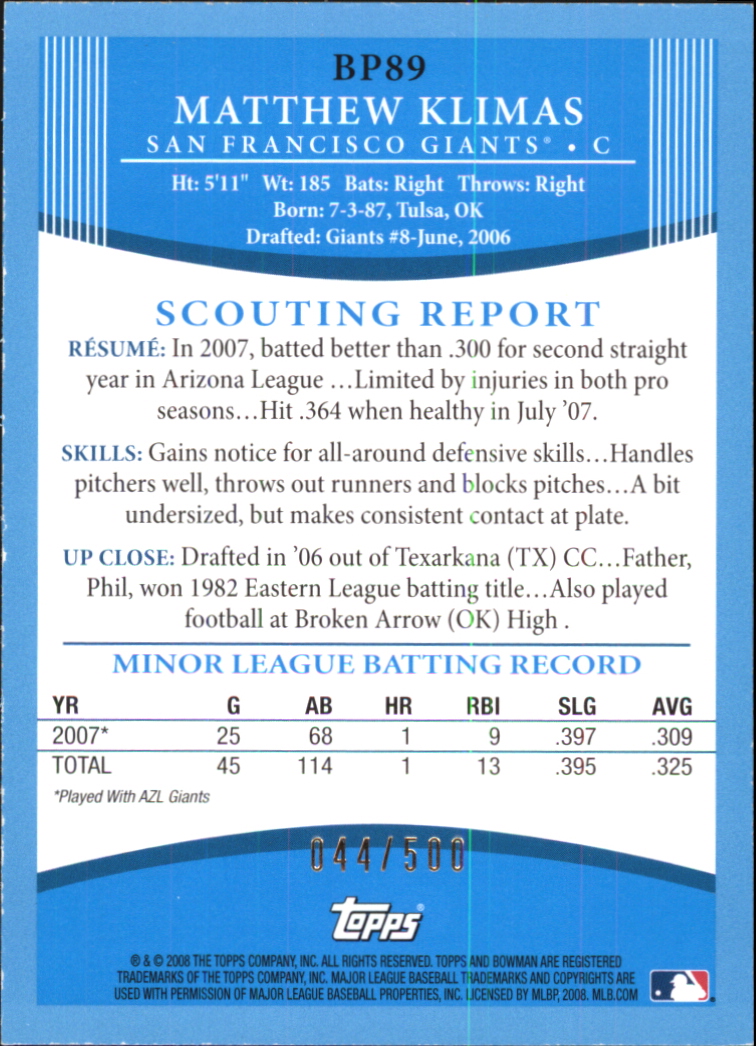 2008 Bowman Baseball "Prospects Blue" Parallel Insert Cards - Picture 27 of 31