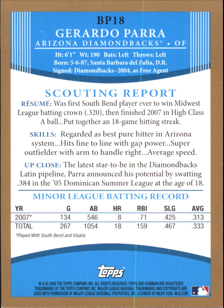 2008 Bowman Baseball "Prospects Gold" Insert Parallel Cards - Picture 27 of 151