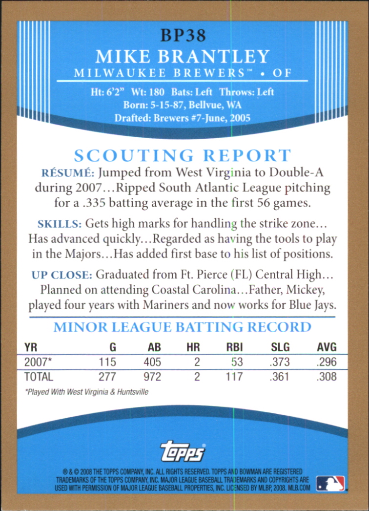 2008 Bowman Baseball "Prospects Gold" Insert Parallel Cards - Picture 51 of 151