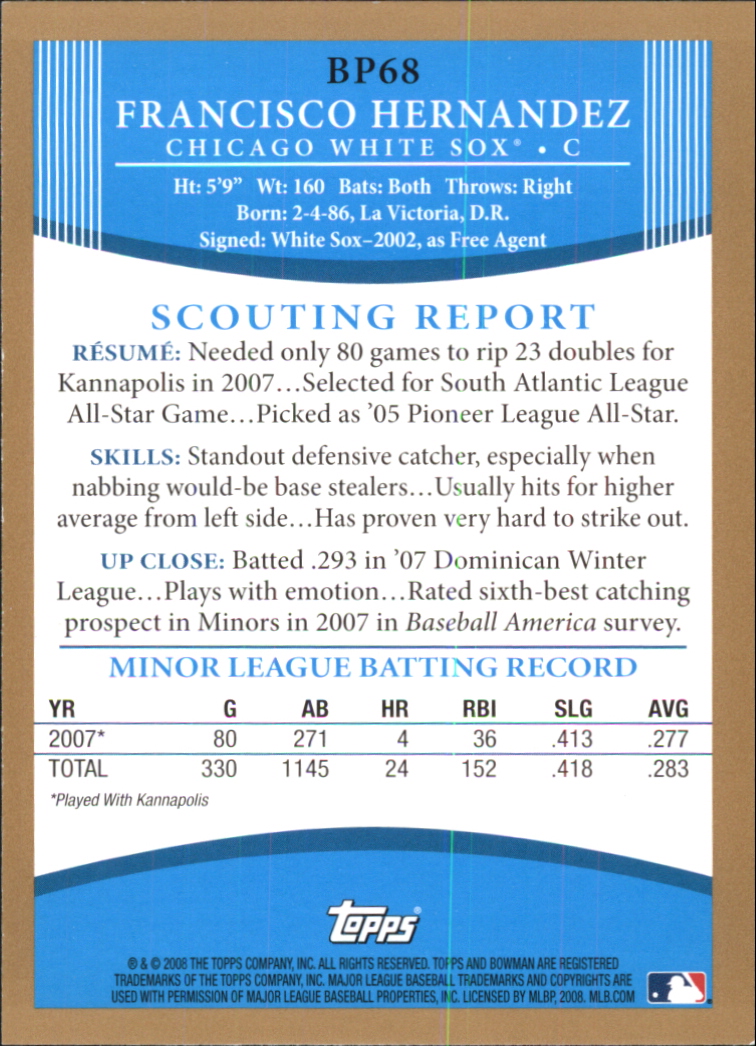 2008 Bowman Baseball "Prospects Gold" Insert Parallel Cards - Picture 93 of 151