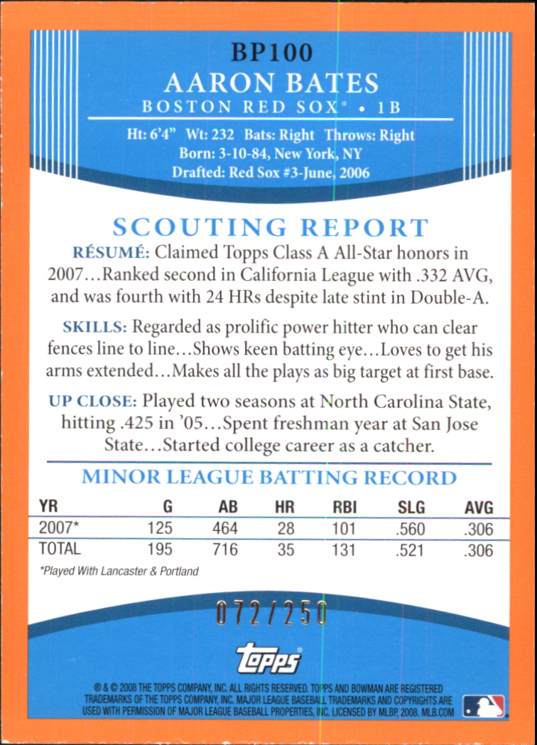 2008 Bowman Prospects Orange #BP100 Aaron Bates back image