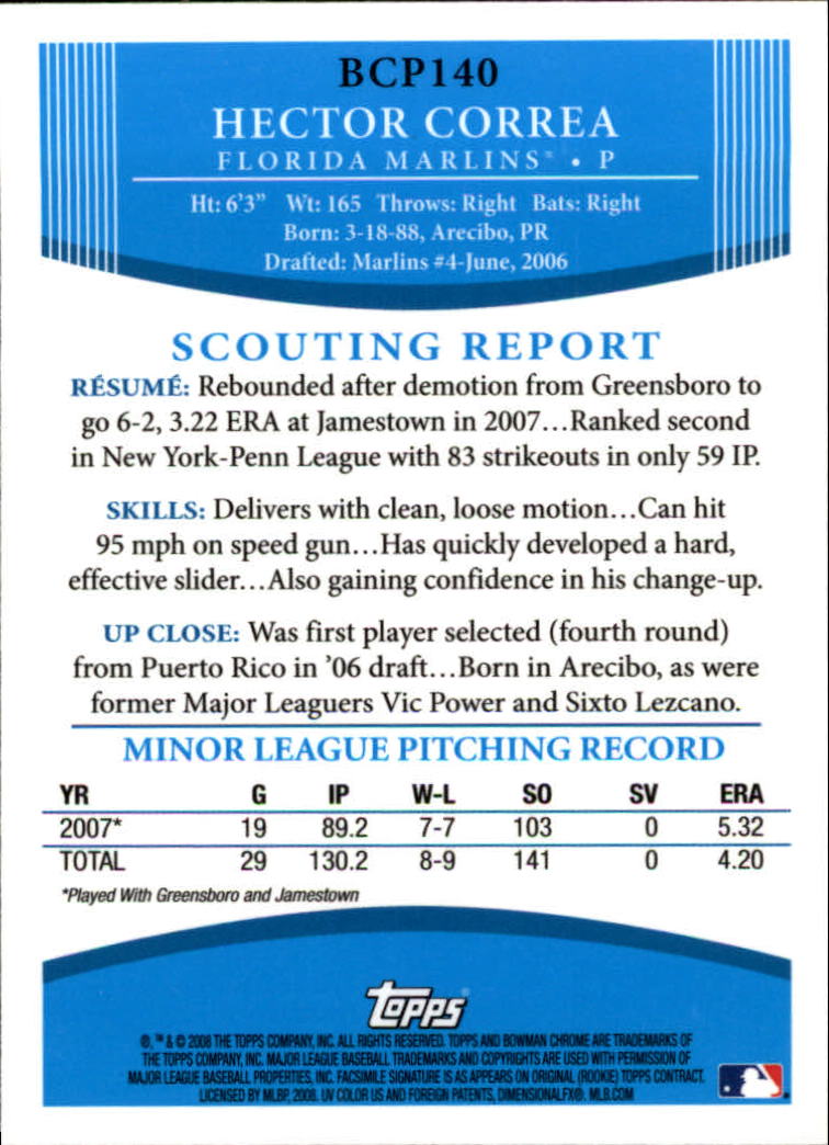 2008 Bowman Chrome Prospects #BCP140 Hector Correa back image