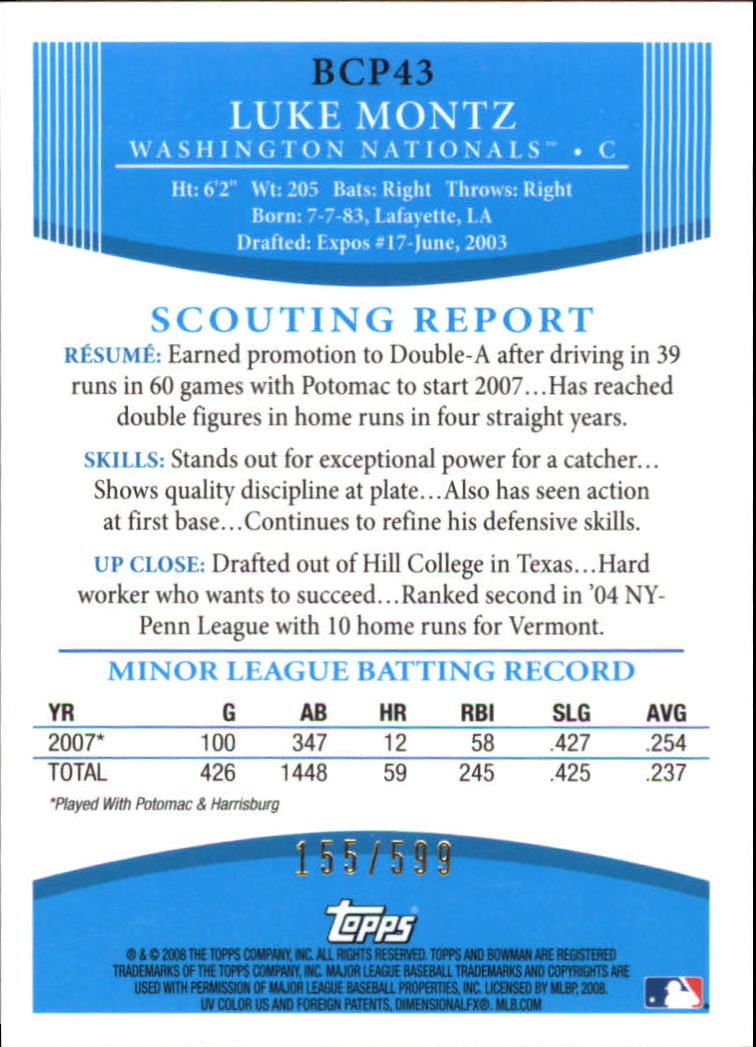 2008 Bowman Chrome Prospects Refractors #BCP43 Luke Montz back image