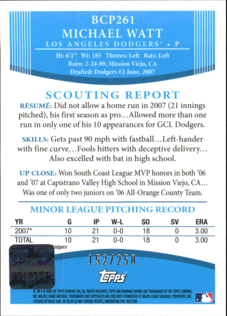 2008 Bowman Chrome Prospects X-Fractors #BCP261 Michael Watt AU
