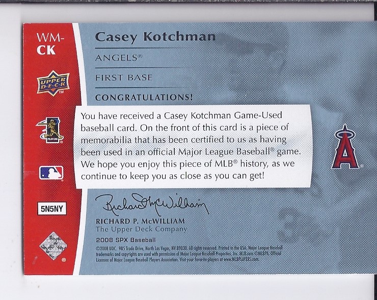 2008 SPx Winning Materials Team Initials 99 #CK Casey Kotchman back image
