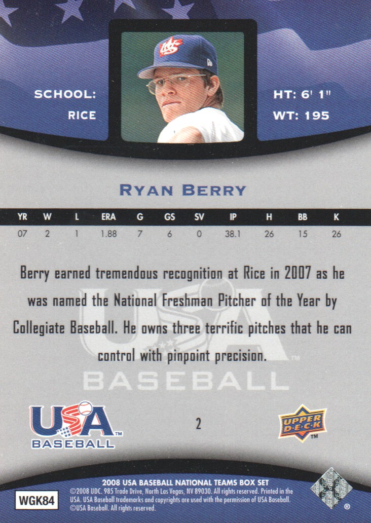 2008 USA Baseball #2 Ryan Berry back image