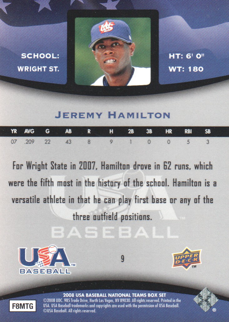 2008 USA Baseball #9 Jeremy Hamilton back image