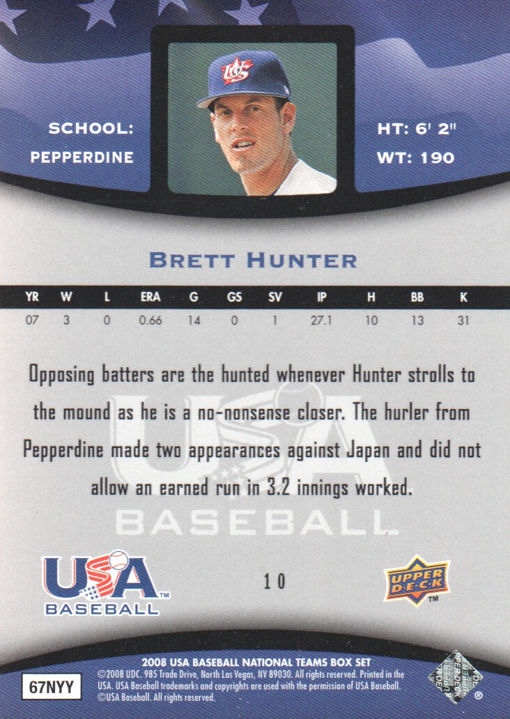 2008 USA Baseball #10 Brett Hunter back image
