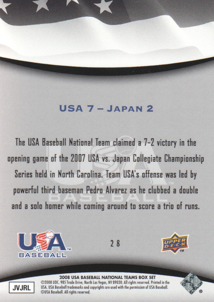 2008 USA Baseball #28 Game 1/USA wins Opening game, 7-2 back image