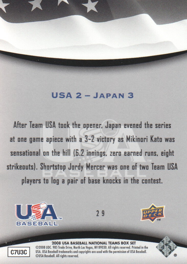 2008 USA Baseball #29 Game 2/Japan 3 - USA  2, Series Even back image