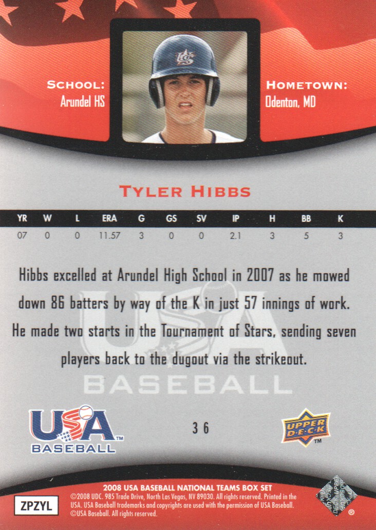 2008 USA Baseball #36 Tyler Hibbs back image
