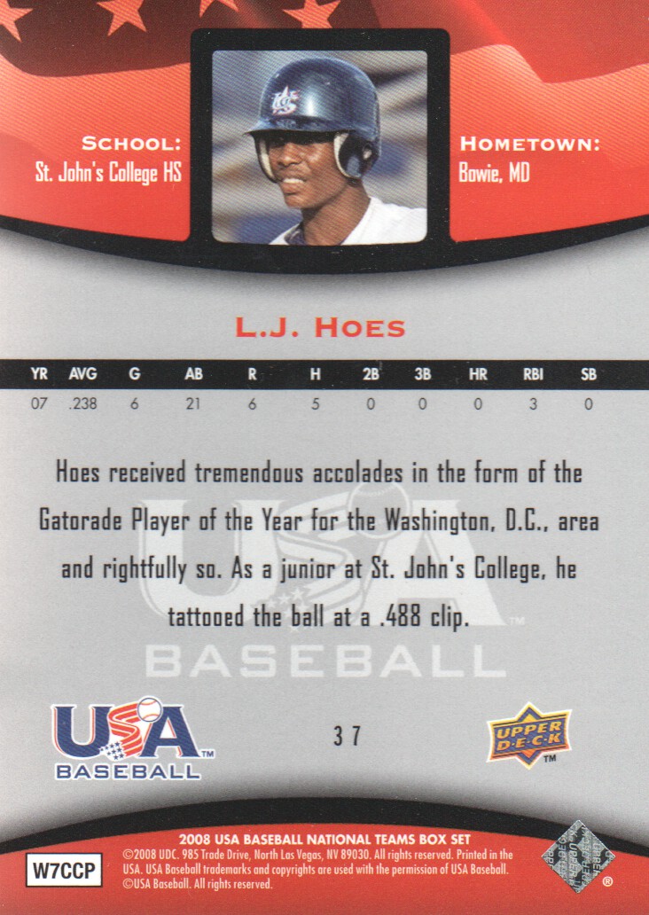 2008 USA Baseball #37 L.J. Hoes back image