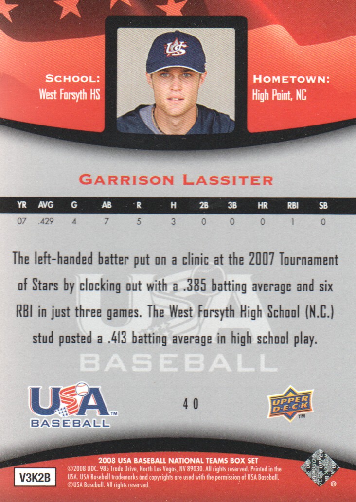 2008 USA Baseball #40 Garrison Lassiter back image