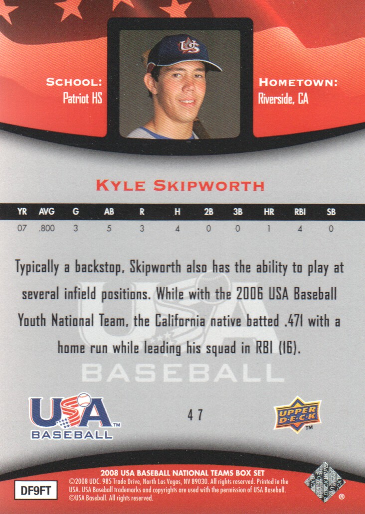 2008 USA Baseball #47 Kyle Skipworth back image
