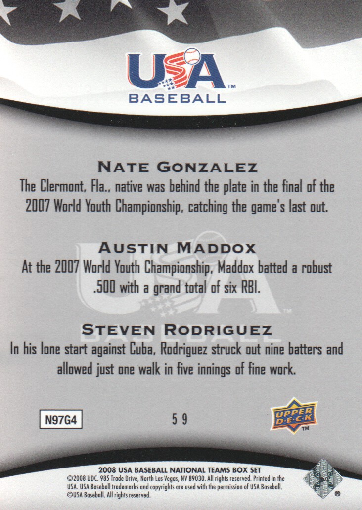 2008 USA Baseball #59 Nate Gonzalez/Austin Maddox/Steven Rodriguez back image