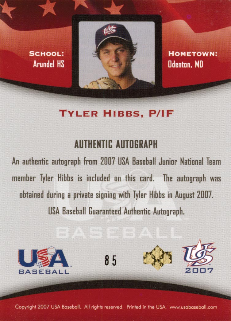 2008 USA Baseball Junior National Team On-Card Signatures #85 Tyler Hibbs back image