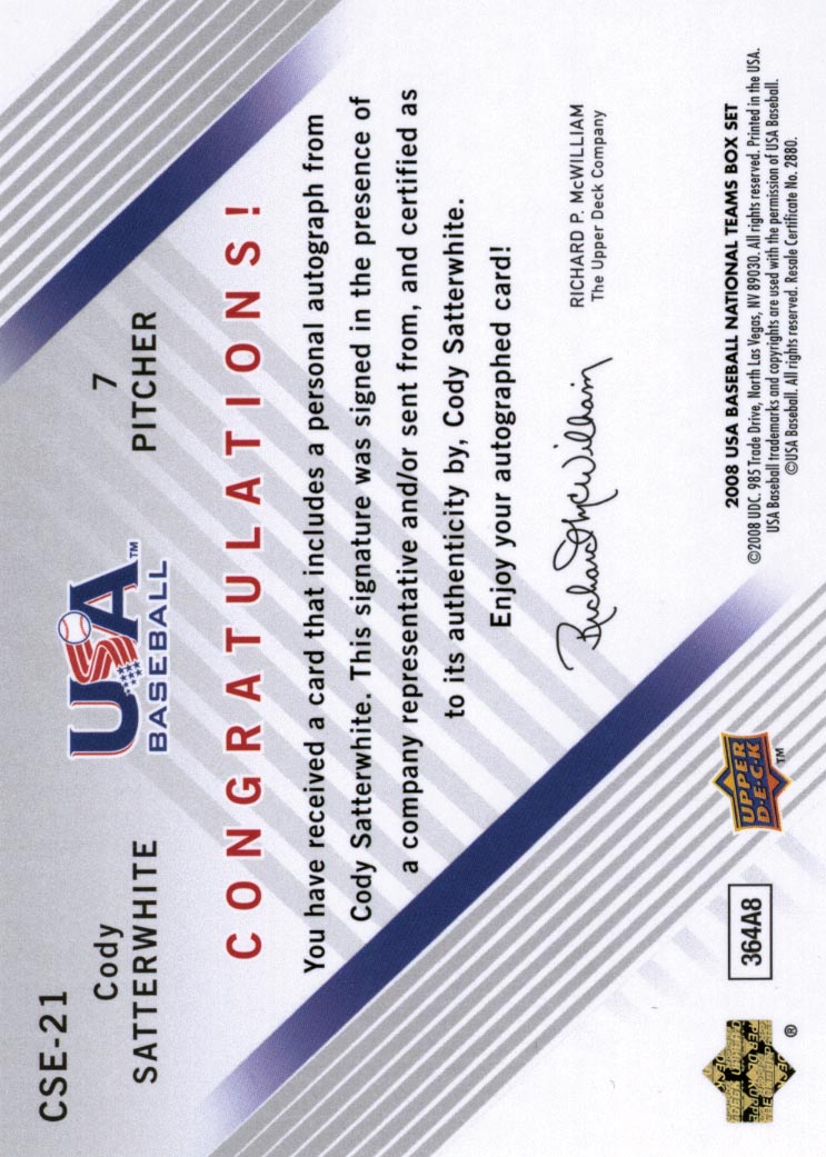 2008 USA Baseball National Team Signatures Black #21 Cody Satterwhite back image