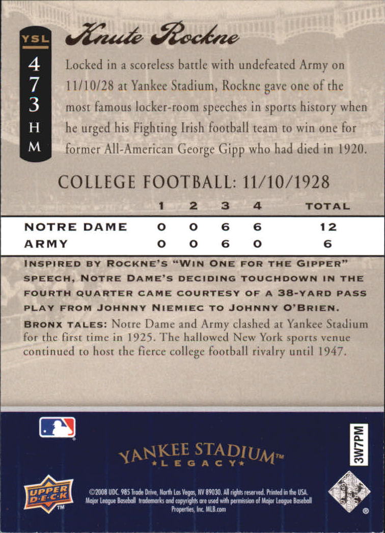 2008 Upper Deck Yankee Stadium Legacy Collection Historical Moments #473 Notre Dame v. Army back image