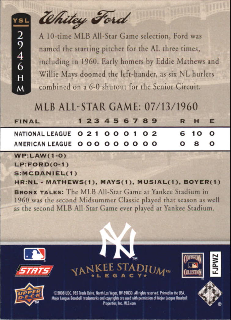 2008 Upper Deck Yankee Stadium Legacy Collection Historical Moments #2946 Whitey Ford/1960 All Star Game back image