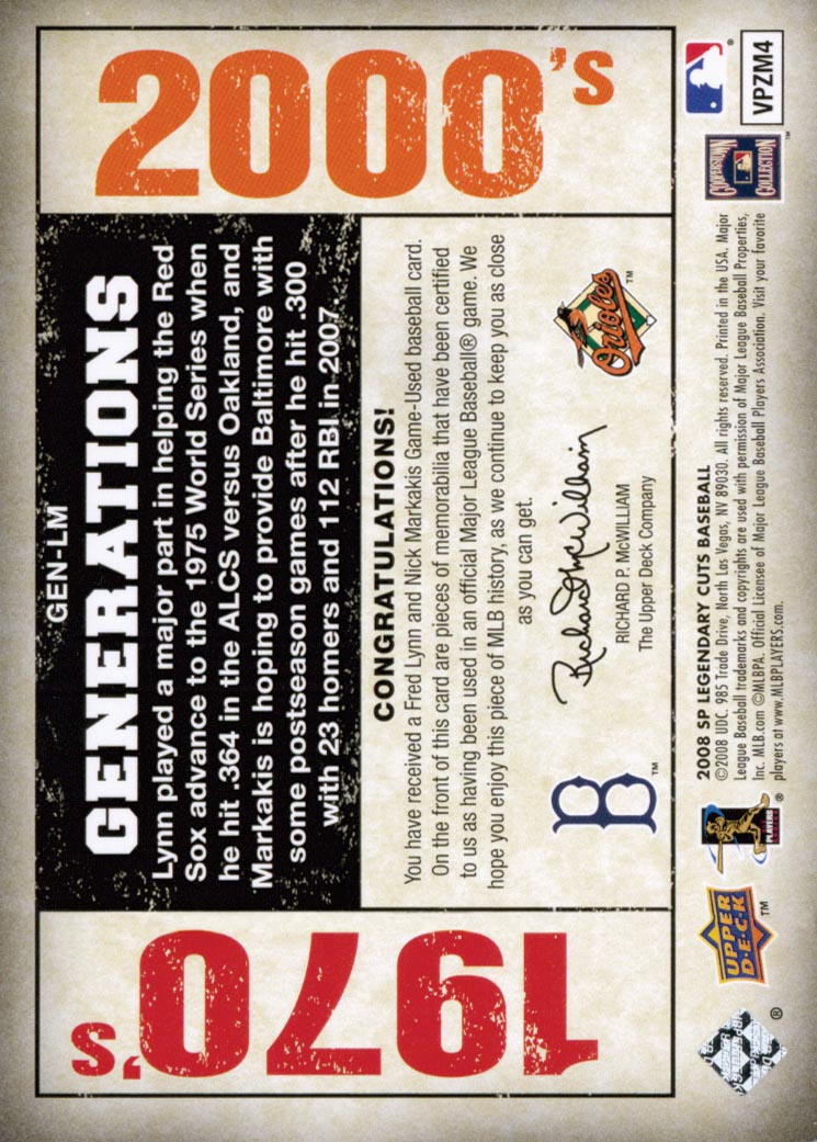 2008 SP Legendary Cuts Generations Dual Memorabilia #LM Fred Lynn/Nick Markakis back image