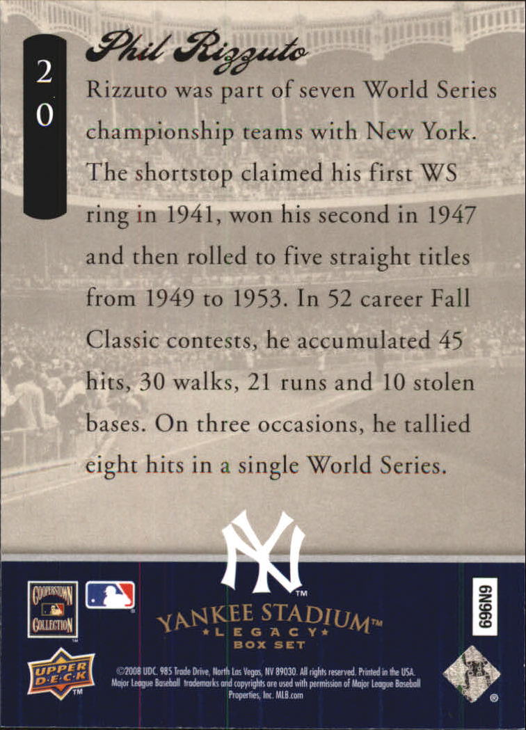 2008 Upper Deck Yankee Stadium Legacy Collection Box Set #20 Phil Rizzuto back image