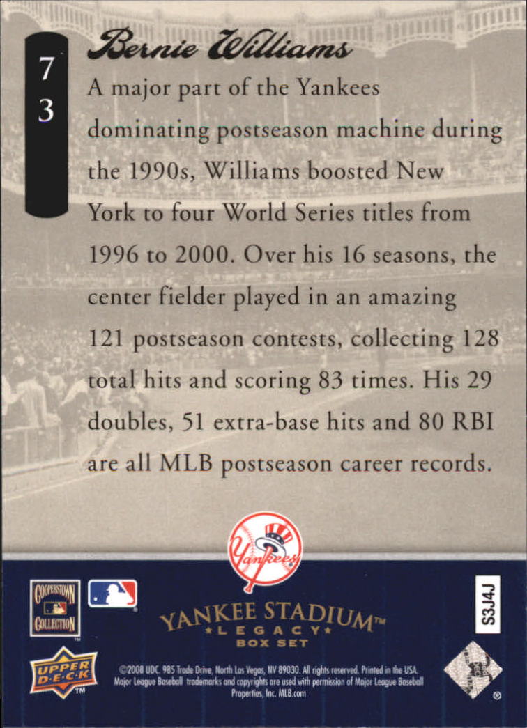 2008 Upper Deck Yankee Stadium Legacy Collection Box Set #73 Bernie Williams back image