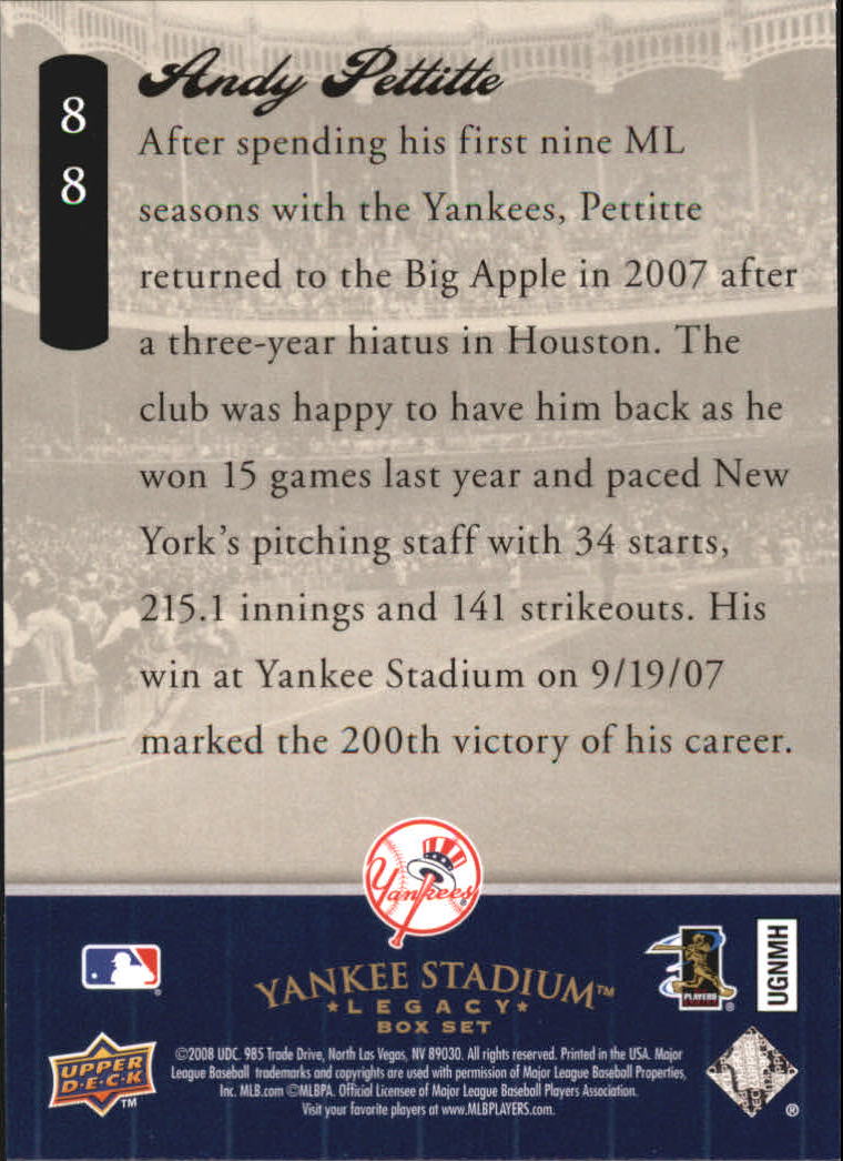 2008 Upper Deck Yankee Stadium Legacy Collection Box Set #88 Andy Pettitte back image