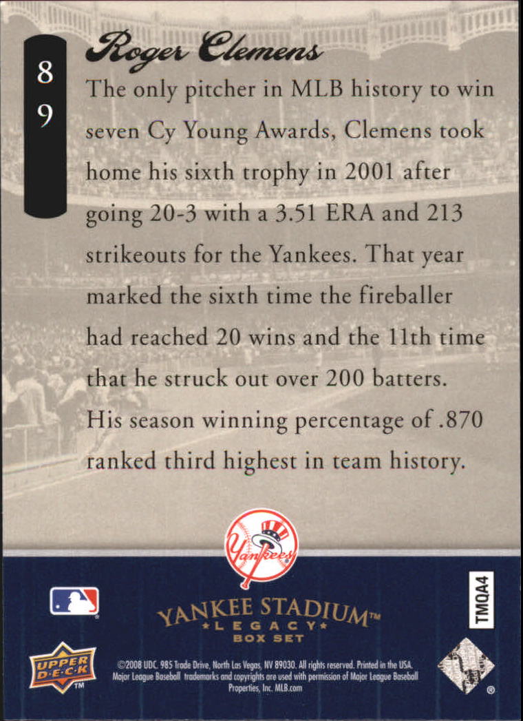 2008 Upper Deck Yankee Stadium Legacy Collection Box Set #89 Roger Clemens back image
