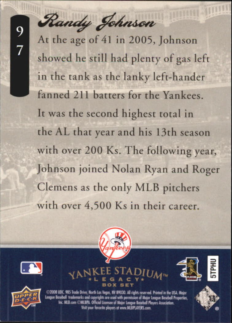 2008 Upper Deck Yankee Stadium Legacy Collection Box Set #97 Randy Johnson back image