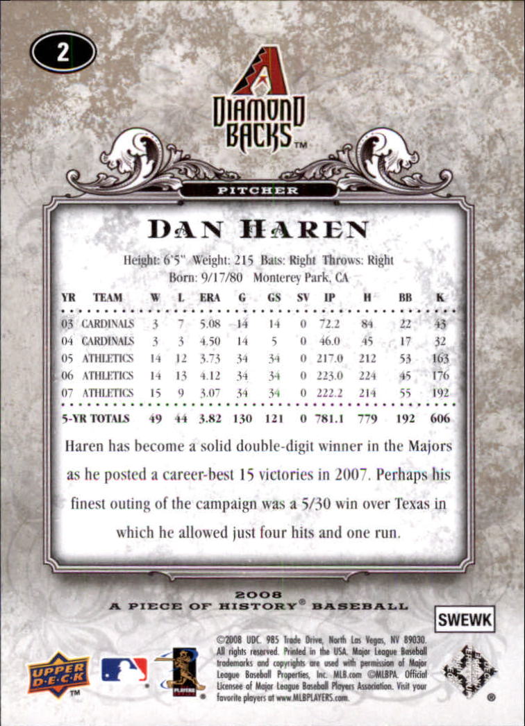 2008 UD A Piece of History #2 Dan Haren back image