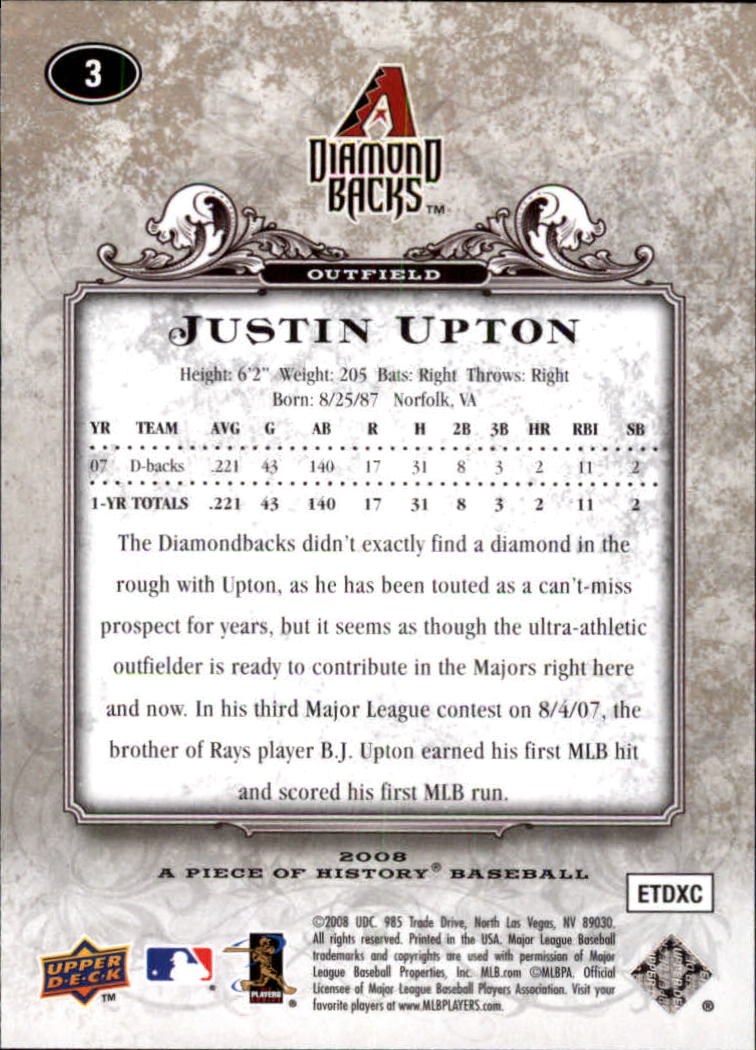 2008 UD A Piece of History #3 Justin Upton back image