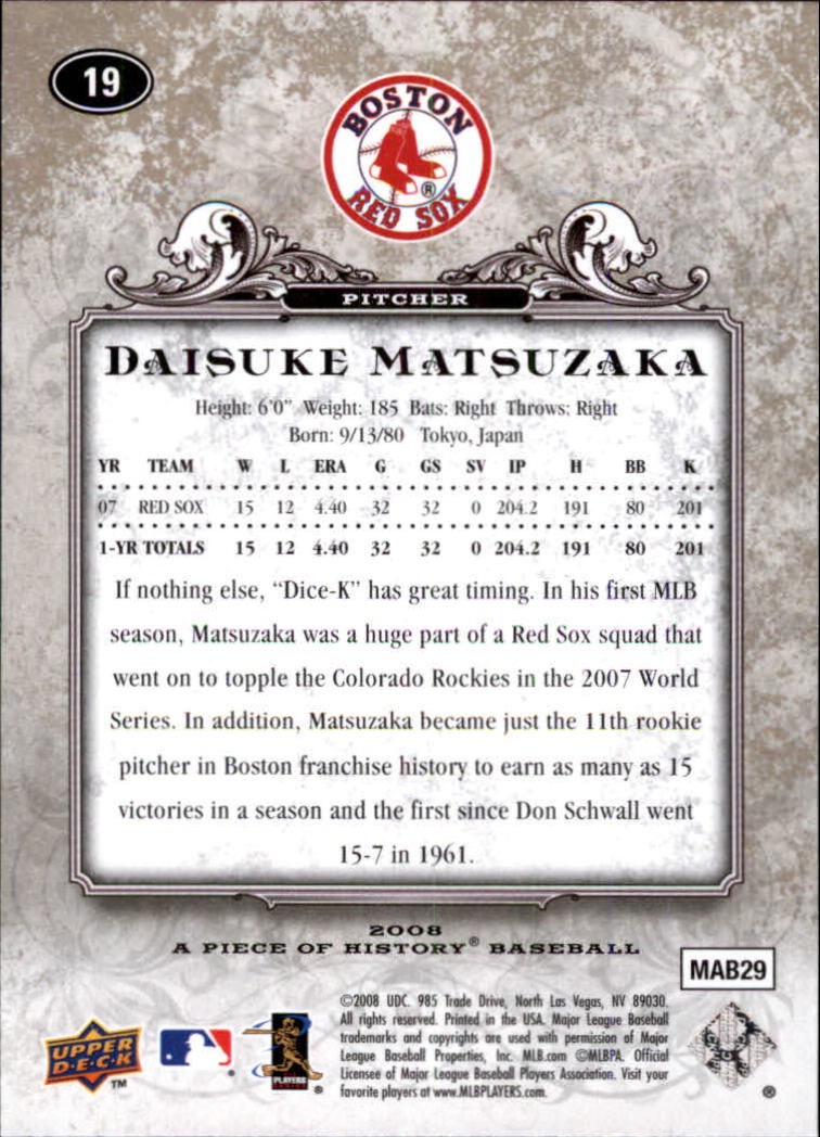 2008 UD A Piece of History #19 Daisuke Matsuzaka back image