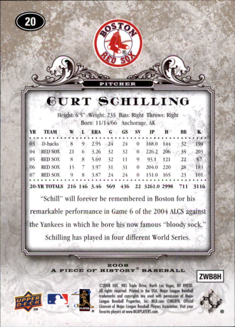 2008 UD A Piece of History #20 Curt Schilling back image
