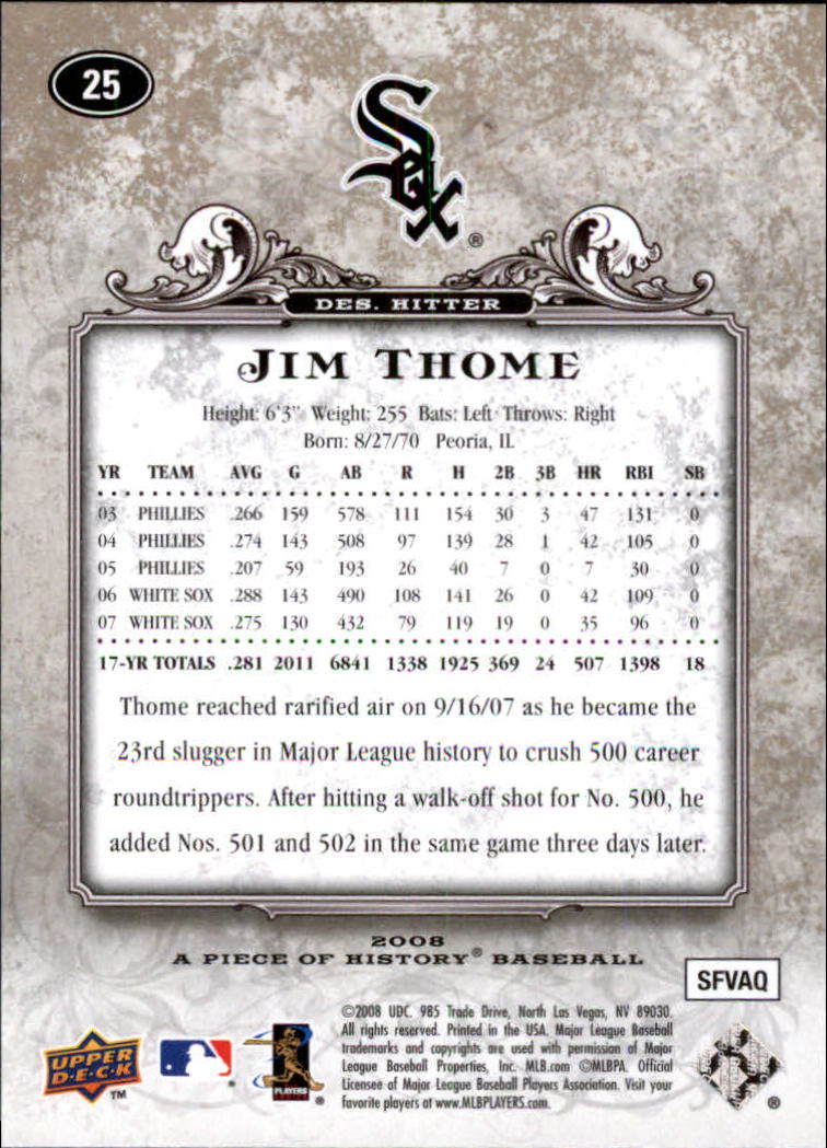 2008 UD A Piece of History #25 Jim Thome back image