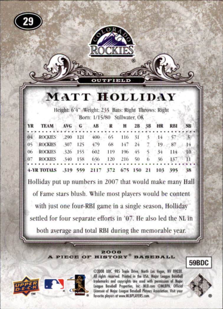 2008 UD A Piece of History #29 Matt Holliday back image
