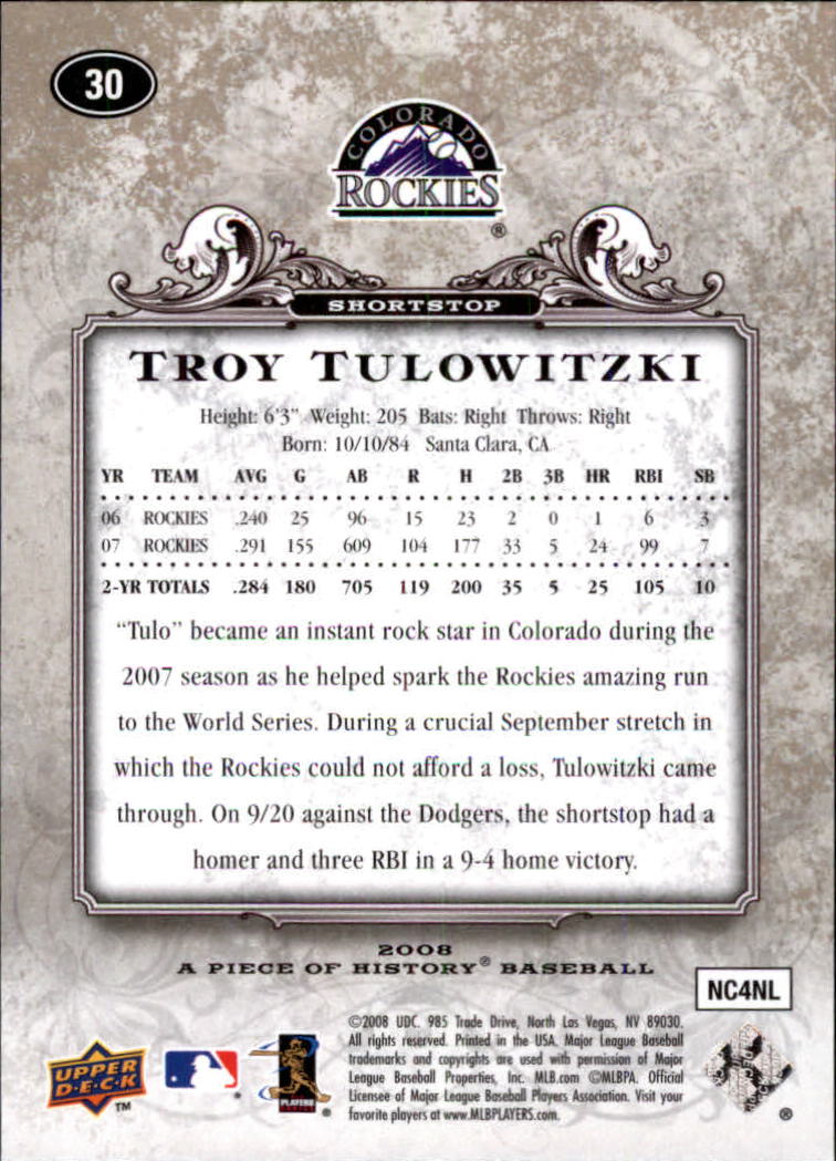 2008 UD A Piece of History #30 Troy Tulowitzki back image