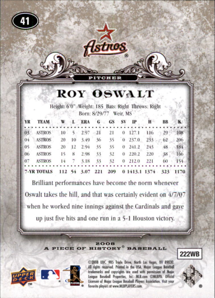 2008 UD A Piece of History #41 Roy Oswalt back image