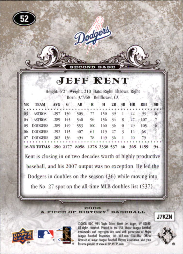 2008 UD A Piece of History #52 Jeff Kent back image
